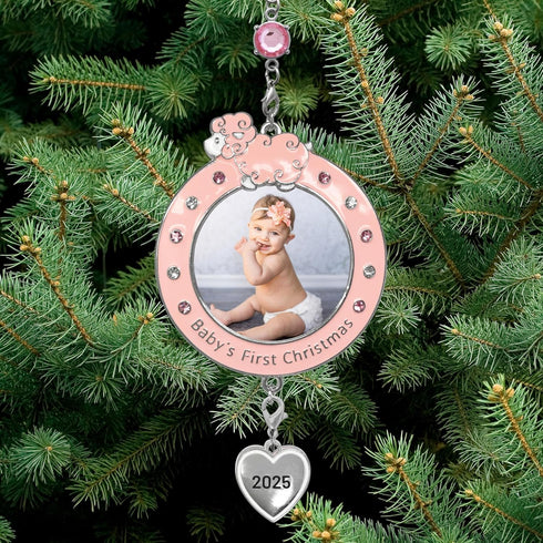 BANBERRY DESIGNS Baby Girl's First Christmas Photo Ornament - 2025 Dated Xmas Picture Decoration for Newborn Daughter - Baby's 1st Keepsake - Gift...