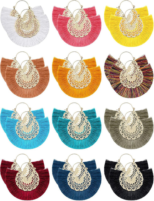 12 Pairs Statement Tassel Earrings Hoop Tassel Earrings Bohemian Geometric Handmade Earrings for Women...