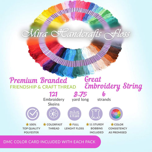 Premium 105 Embroidery Thread Skeins - Friendship Bracelet String – Perfect Embroidery Floss Kit for Beginners – Set of 10 Gold Eye Needles and 1 ...