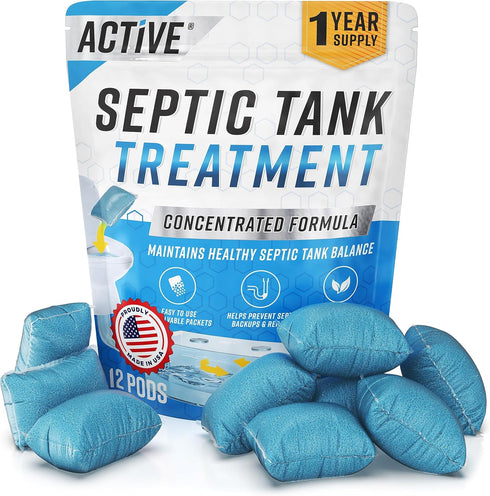 Septic Tank System Treatment Pods - 12 Dissolving Packets | Enzyme-Producing Live Bacteria Solution | 1 Year Supply Professional Eco-Friendly Main...