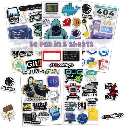 50 PCS Programming Developer Stickers Coding Vinyl Decals Waterproof Patches Laptop Scrapbook Window Suitcase Gifts for Coders Programmers Hackers...