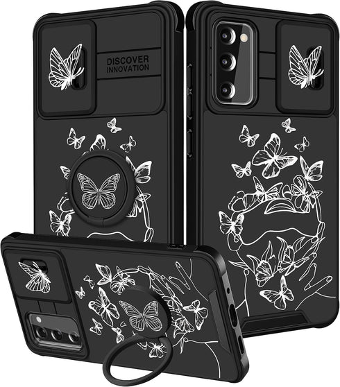 (2in1 for Samsung Galaxy S20 FE Case for Women Cute Girls Cover Butterfly Girly Pretty Kawaii White Butterfly Design with Camera Cover and Ring St...