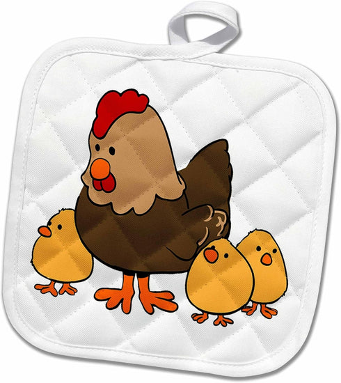 3D Rose Image of Mama Chicken with 3 Baby Chicks Pot Holder, 8 x 8...