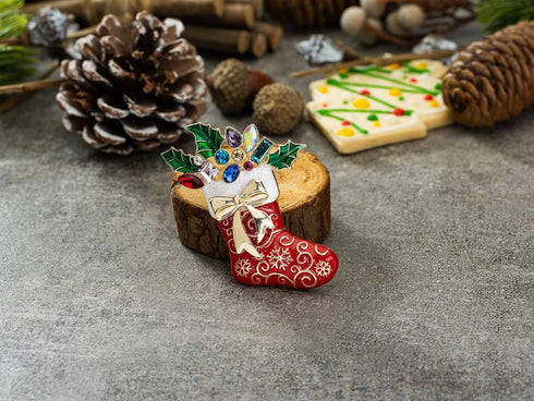 RareLove Christmas Brooch Red Stocking with Holly Snowflake Gold Bow Enamel Pin Rhinestone Brooch Christmas Pin for Women, Cute Pins,Christmas Jew...