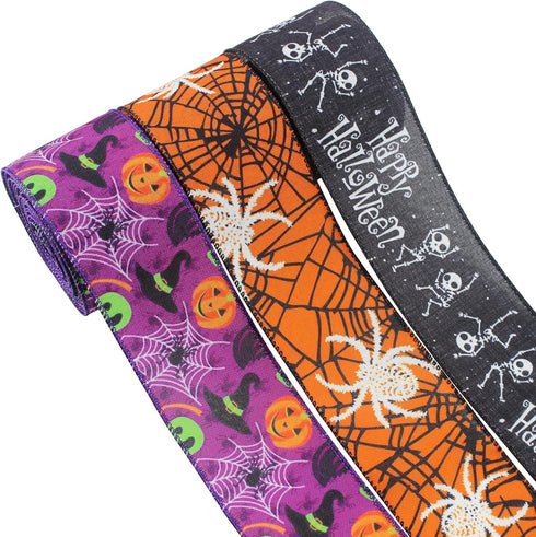 3 Rolls 15 Yards Halloween Ribbon Wired Edge Ribbons 2.5 inchSpider Web Skull Pumpkin Ribbons ?Purple Orange Black Burlap Ribbon ?for Wreath Home ...