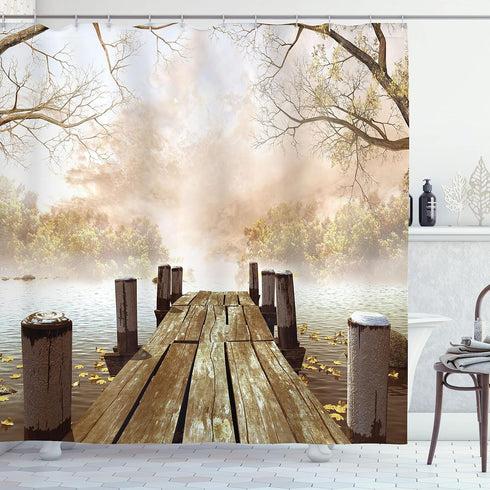 Ambesonne Fall Wooden Foggy Scene Lake River Print Polyester Fabric Shower Curtain - Extra Long, Beige Brown Taupe 69" W By 75" L...