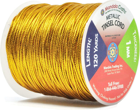 Mandala Crafts 1mm Metallic Cord Tinsel Rope for Gift Wrapping - Gold Cord Wrapping Ribbon - 120 Yds Non-Stretchy Gold Strings for Ornaments...