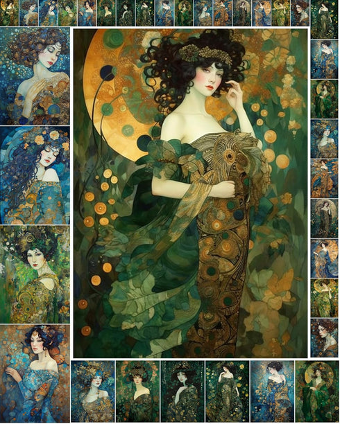 Decoupage Paper Pack (35 Sheets 6"x8") Art Deco Inspired Ladies in Green and Blue Floral Gowns Holding Bouqettes FLONZ Art Nouveau Klimt Vintage I...