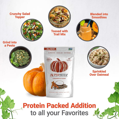 SuperSeedz Dry Roasted Pumpkin Seeds - Cinnamon & Sugar Pepitas, Vegan, Whole 30, Paleo, Healthy Snacks, 8g Plant Based Protein, Produced In USA, ...