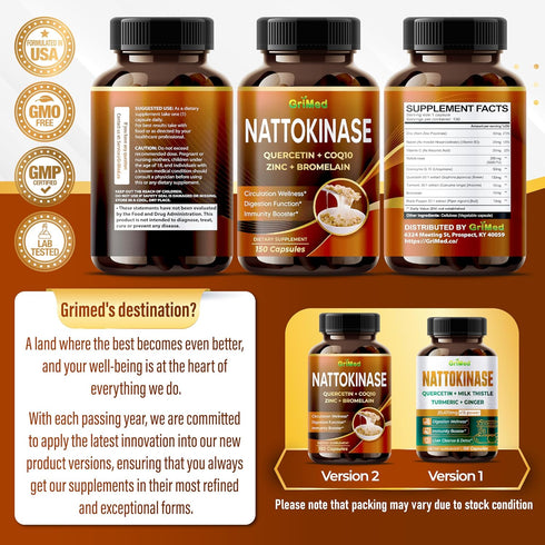 Nattokinase 8,800mg X8 Power with Quercetin, CoQ10, Zinc, Bromelain for Digestion Function, Immunity Booster, Overall Well-Being - USA made & test...