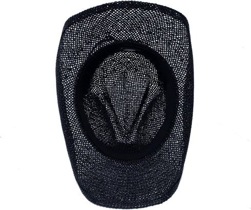 Black Straw Cowboy Hat for Men, Faux Leather, Longhorn, Shapeable Brim...