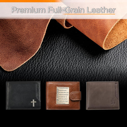 Christian Art Gifts Genuine Leather Wallet for Men John 3:16 Bible Verse with Cross Classic Taupe Leather RFID Blocking Multi-purpose Slots and Ca...