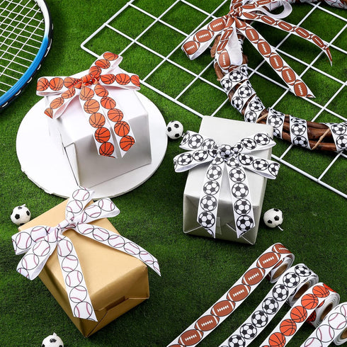 MTLEE 4 Rolls Basketball Football Baseball Sport Ribbon Brown White Wired Edge Ribbon Grosgrain Ribbon Polyester Burlap Ribbon for Party Wrapping ...