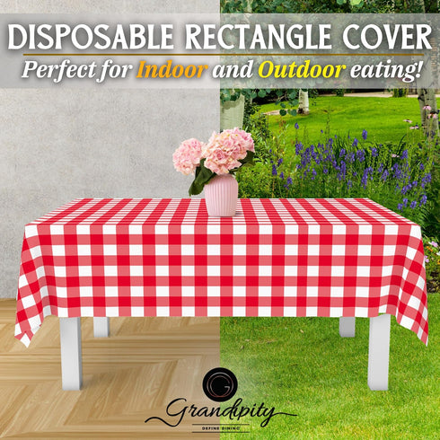 Grandipity 12 Pack Premium Disposable Plastic Picnic Tablecloth 54 Inch. x 108 Inch. Decorative Rectangle Table Cover - Red Checkered Gingham...