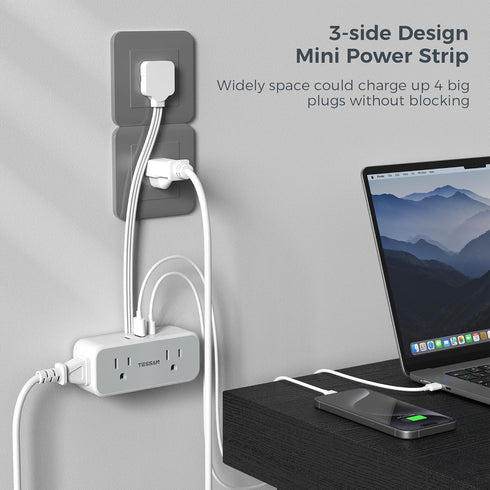 Short Extension Cord 6 inch, TESSAN Slim Flat Thin Plug Power Strip with 4 AC Outlets 3 USB (1 USB-C) Charging Ports, Small White Desk Charger, Mi...