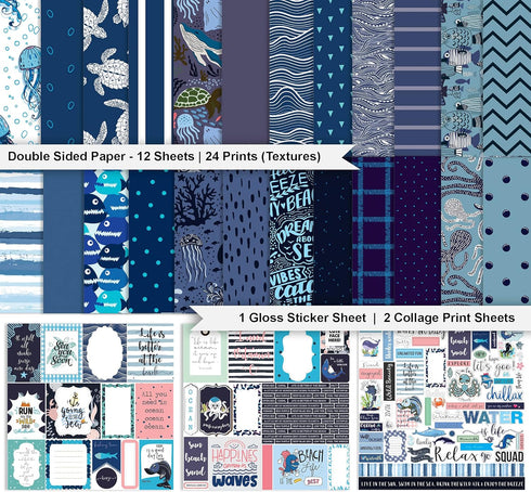Ocean Life Collection Double-Sided Scrapbook Paper Kit Cardstock 12"x12" Card Making Paper Pack With Sticker Sheet - 16 Pages - Blue...