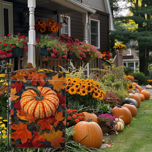 Fall Pumpkin Garden Flag, Autumn Thanksgiving Maple Leaf Garden Flag, Yard Home Decor Welcome Flag, 12x18 Inch Double Sided Burlap, Outdoor Lawn F...