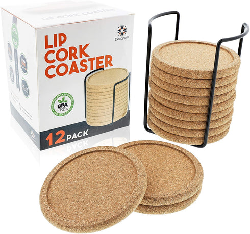 Cork Coasters with Lip for Drinks Absorbent | 12 Set 4 Inch Thick Rustic Saucer with Metal Holder Heat & Water Resistant | Best Reusable Natural R...