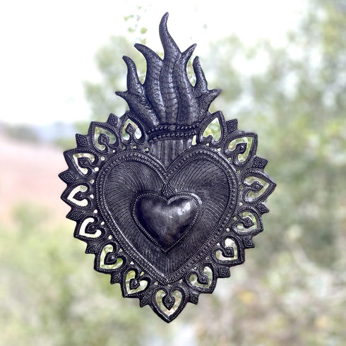 Sacred Heart, Flaming Heart, Religious Folk Art, Spiritual Home Decor, Haitian Metal Wall Art 7.25 X 10.25 Inches...