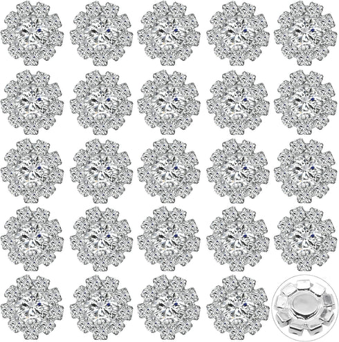24 Pack 16MM Sparkle Clear Rhinestone Buttons Flatback Metal Embellishments Glass Crystal Bulk for Craft DIY Wedding Bouquets Decoration,Silver Pl...