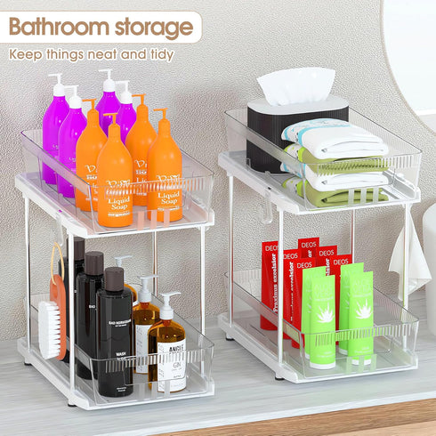 2 Tier Under Sink Organizers and Storage Bathroom Organizer w Dividers and Lids, Snack Organizer for Pantry Pull Out Cabinet Organization for Kitc...