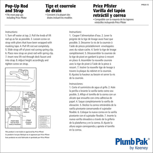 Plumb Pak PP820-72 Pop-Up Rod and Strap, for Use with Most Plungers...