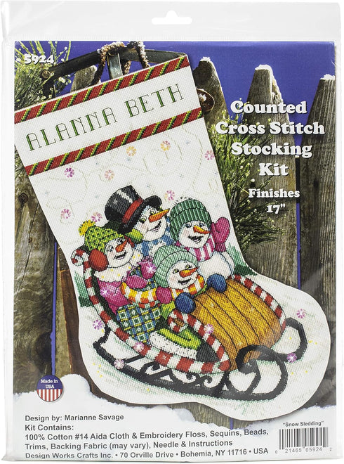 Design Works Crafts Snow Sledding Counted Cross Stitch Stocking Kit, White...