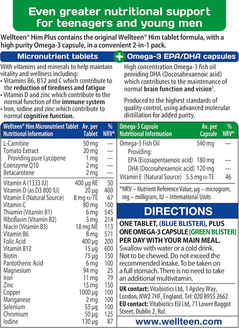 Wellteen Him Plus Omega-3 - Maximum Nutritional Support for Teenagers and Young Men Ages 13-19 - 56 Tablets and Capsules...