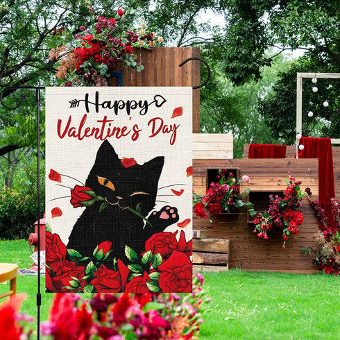 Happy Valentine's Day Garden Flag with Black Cat and Rose Floral Pattern Burlap Double Sided Yard Flag 12 x 18 Inch Garden Decoration for Valentin...