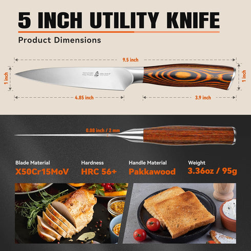TUO Utility Knife, Small Kitchen Knife, 5 inch Paring Knife High Carbon German Stainless Steel Cutlery with Ergonomic Pakkawood Handle...