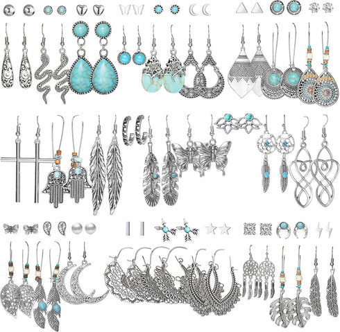 45 Pairs Silver Drop Dangle Earrings Set for Women, Boho Vintage Bronze Waterdrop Dangling Earrings...