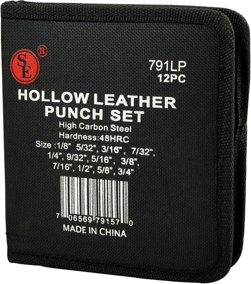 SE Heavy-Duty 12-Piece Hollow Leather Punch Set - High Carbon Steel, Machined Grip, 1/8" to 3/4" Sizes - Includes Zipper Pouch for Gasket, Leather...