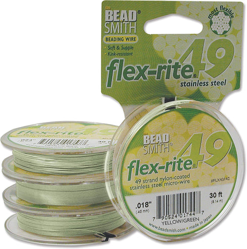 The Beadsmith Flex-Rite Wire – 49 Strand, Nylon Coated, Stainless Steel Beading Wire – Yellow Green Color, 018” Diameter, 30-Foot Spool – Flexible...