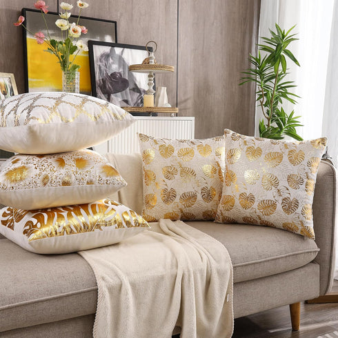 Velvet Throw Pillow Covers 18x18 inch Set of 2 Gold Stamping Leaves Throw Pillows for Couch Sofa Bed Living Room, Luxury Cushion Covers...