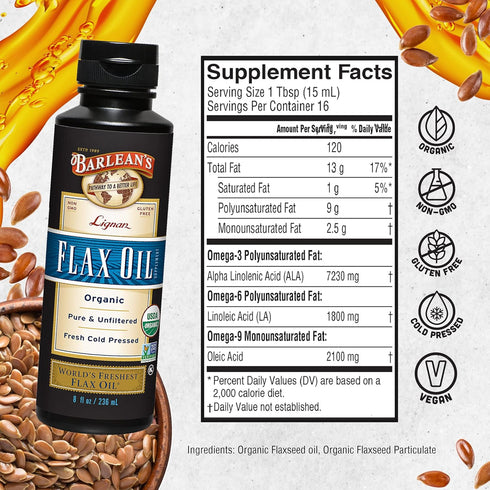 Barlean's Organic Lignan Flaxseed Oil Liquid Supplement from Cold Pressed Flax Seeds, 7,230 mg ALA Omega-3 Fatty Acids for Skin and Hair Care, Veg...