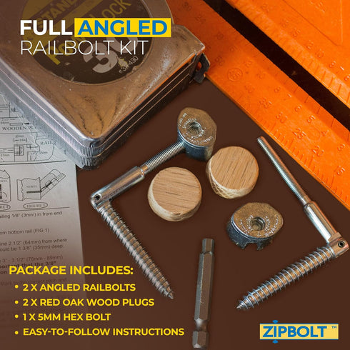 Zipbolt 11.560 Angled Railbolt — Angled Staircase Handrail to Newel Post Connector for Lower Connection, Residential and Commercial Installation, ...