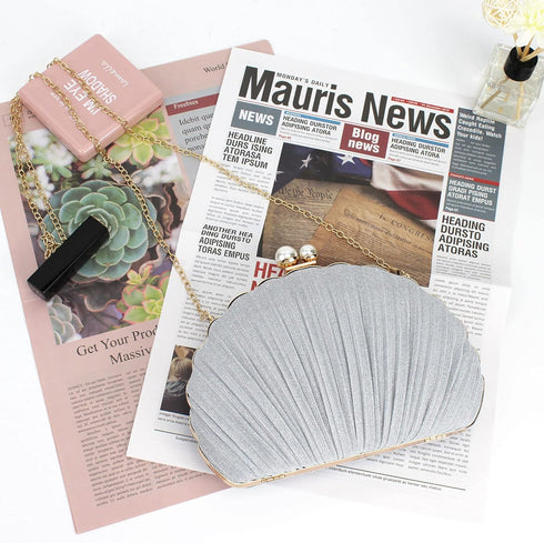 Women Mini Pleated Seashell Evening Clutch Handbag Chain Strap Cross-body Bag...