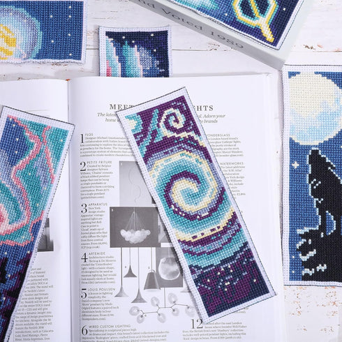 ORIGACH 6 Set Cross Stitch Bookmark Kit for Beginner Starry Sky Pattern DIY Stamped Embroidery Bookmark Kit with 20 Colors Embroidery Floss Instru...
