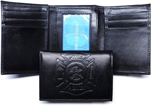Fire Fighter Embossed Leather Trifold Wallet - Black...