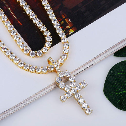 JINAO 18K Gold Plated Iced Out Cubic Zirconia Egyptian Ankh Cross Simulated Diamond Pendant Necklace for Men Women with Stainless Rope Chain...