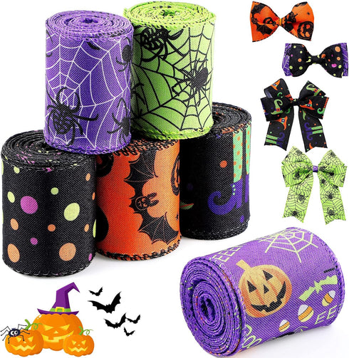 6 Rolls 30 Yards Halloween Wired Edge Ribbons Bat Spider Web Printed Ribbon Witch Legs Hat Skull Pumpkin Ribbons Halloween Decorative Wrapping Rib...
