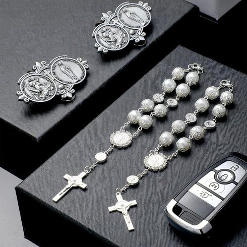 4 Pcs Car Rosary Saint Benedict Silver Rosary Rearview Mirror Hang Auto Rosary with Car St Christopher Visor Medal Car Cross Religious Accessory B...