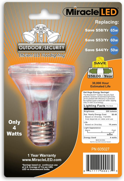 Miracle LED 605027 4 Watt Wide Angle Flood Light Security Bulb, Cool White...