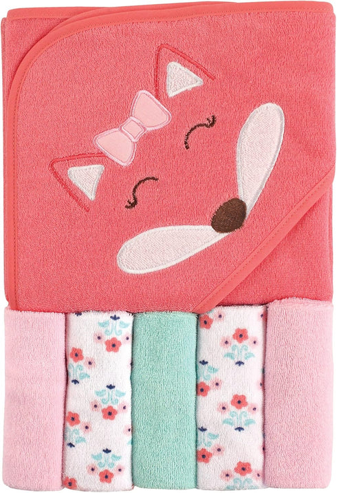 Luvable Friends Unisex Baby Hooded Towel with Five Washcloths, Cotton, Girl Fox, One Size...