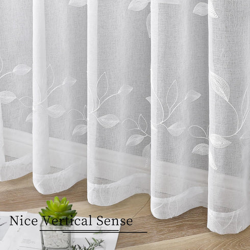 Tollpiz White Leaf Sheer Tier Curtain Leaves Embroidered Kitchen Curtains Rod Pocket Voile Bathroom Window Treatment for Cafe, 30 x 36 inches Long...