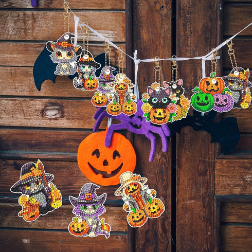 12 Pcs Halloween Cat Diamond Keychains Kit Double Sided DIY Cute Halloween Cat Diamond Keychains for Beginners Adults Art Craft Supplies Holiday G...