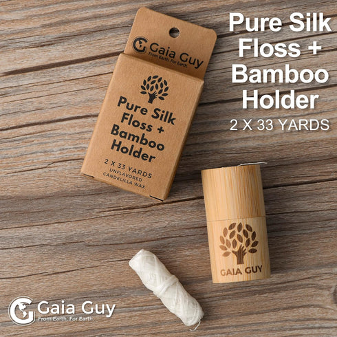 Gaia Guy Natural Unflavored Silk Dental Floss with Floss Refill & Reusable Bamboo Holder | 2 x 33yds Compostable Pure Silk Waxed with Candelilla W...