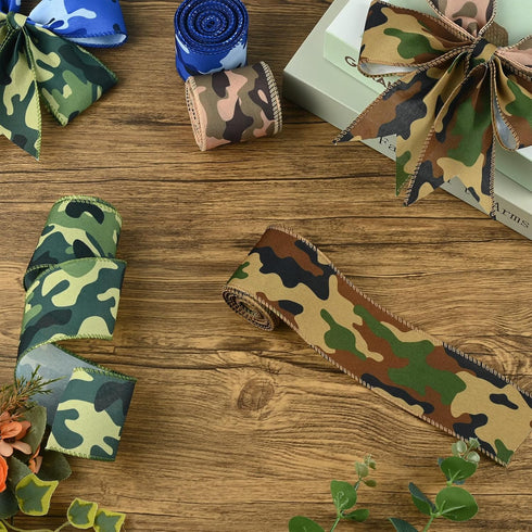 4Rolls 20 Yards Camouflage Print Wired Edge Ribbon, 2.5 Inch Wide Camo Polyester Ribbon for Gift Wrapping Wreaths Bow Making for Birthday Retireme...