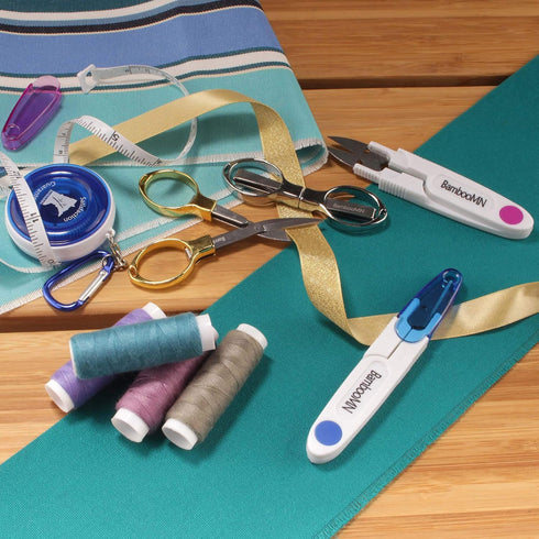 JubileeYarn Portable Travel Safety Folding Scissors Set, One Gold, One Silver, Two Thread Snips, and a Fabric Measuring Tape...