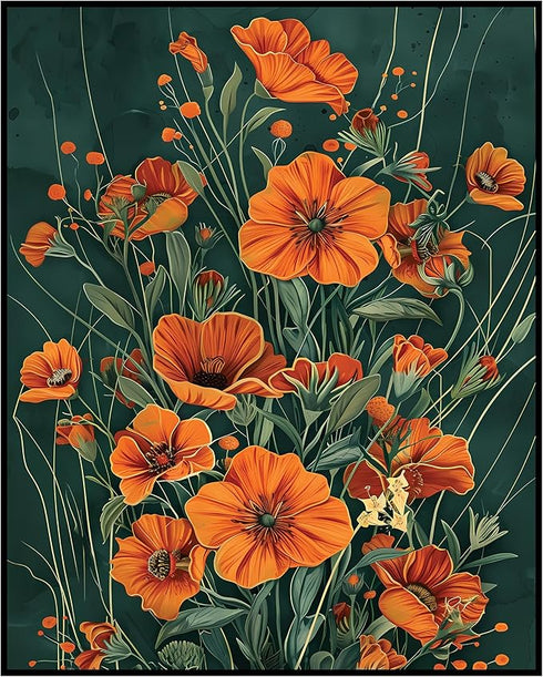 Posterizer 1 pcs-orange wild dainty flowers with green background-Floral & Botanical Art-Abstract & Modern Art-Decor for Home & Office- UNFRAMED W...